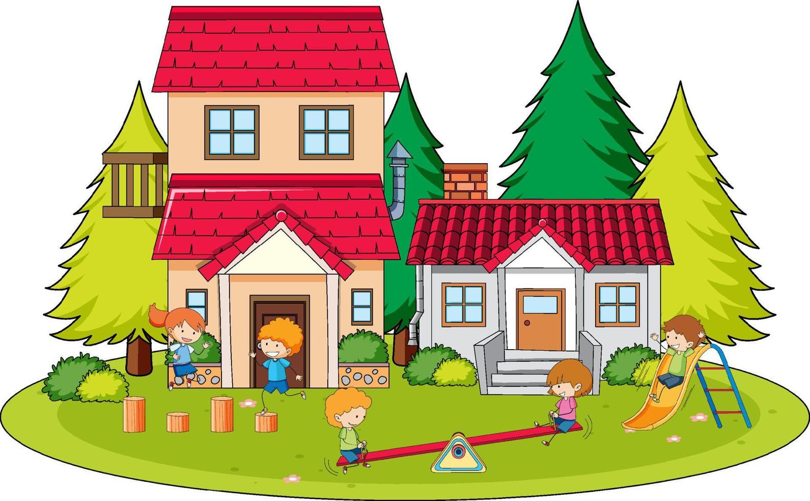 Scene with children playing in the lawn vector