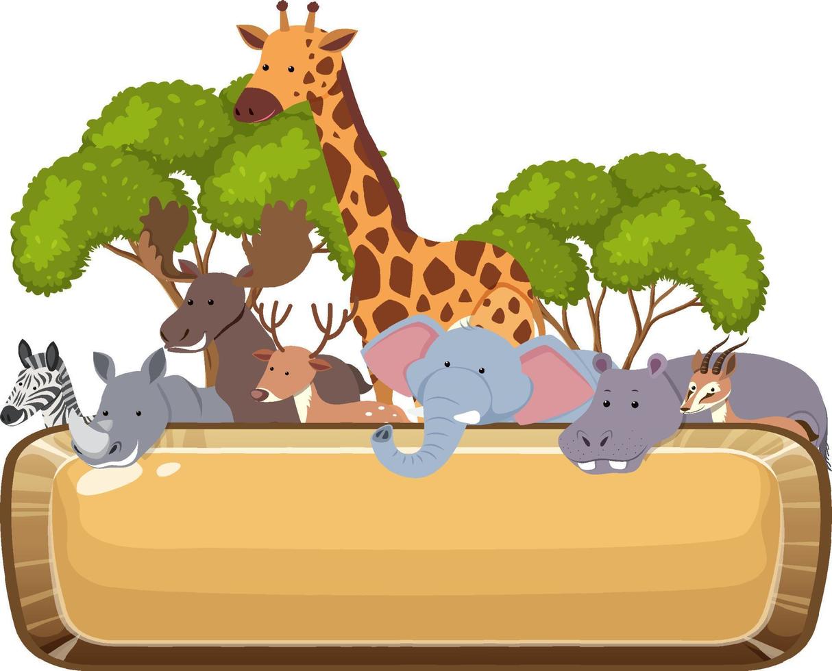 African animals cartoon with empty wood banner vector