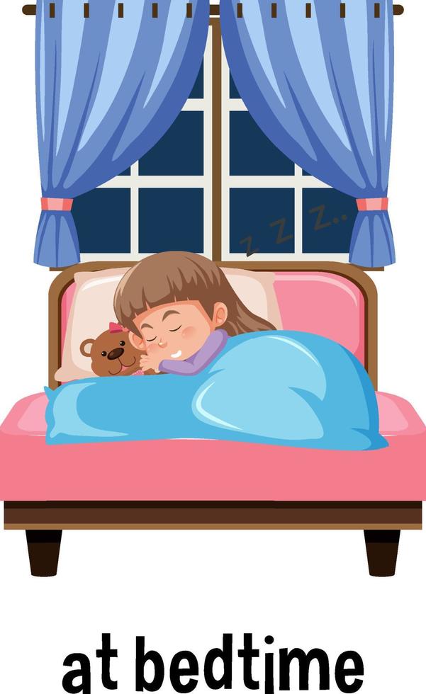 English prepositions of time with bedtime scene vector