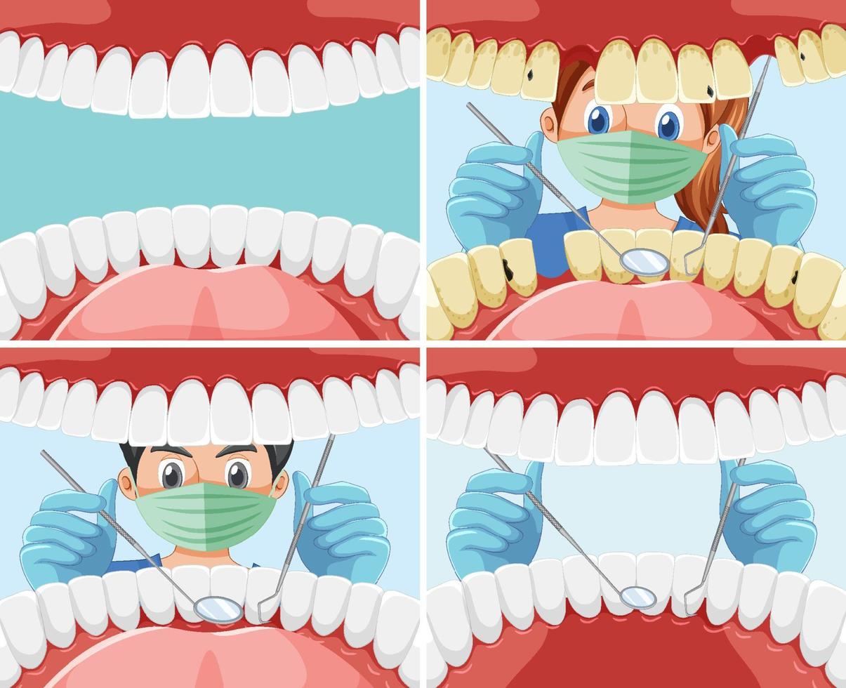 Set of dentist holding instruments examining patient teeth inside human mouth vector