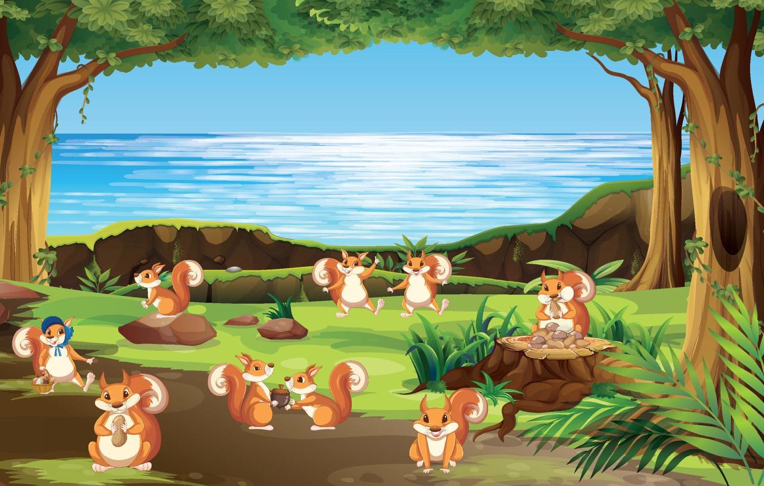 Squirrel family in the forest background vector