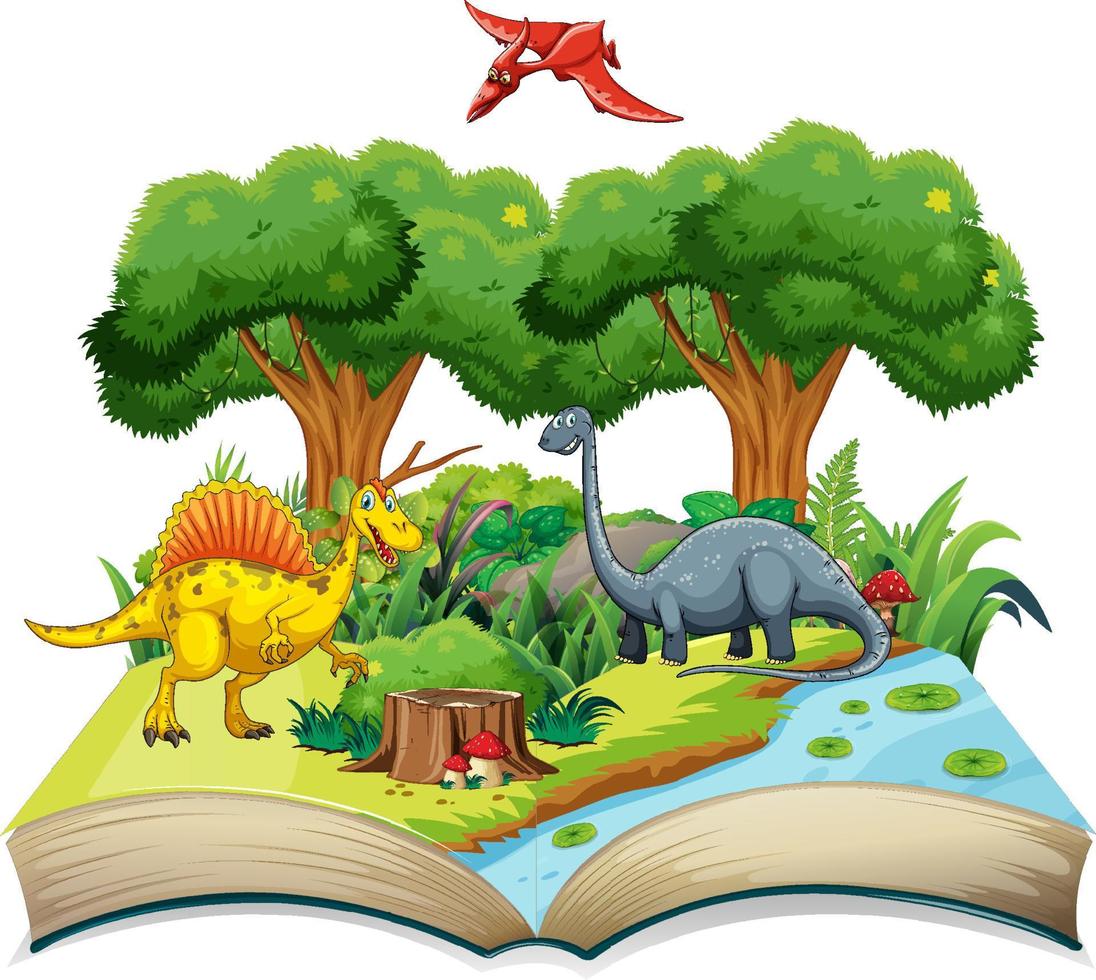 libro abierto con varios dibujos animados de dinosaurios vector
