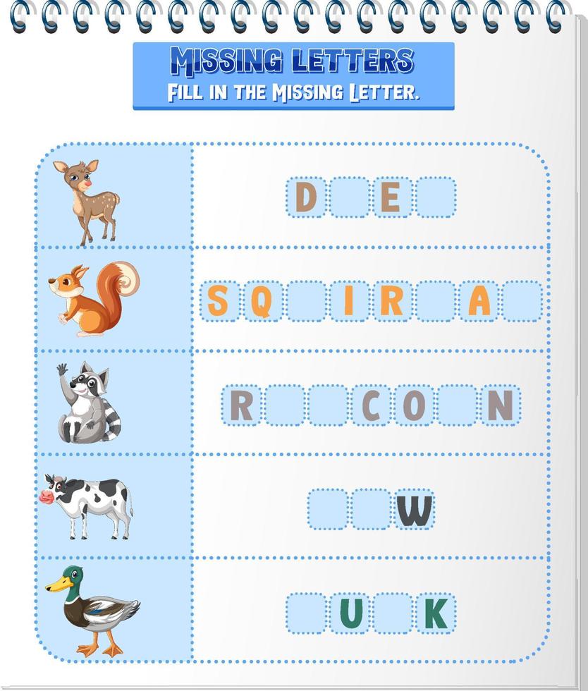 fill the missing letter of each word worksheet for children 6981196 vector art at vecteezy
