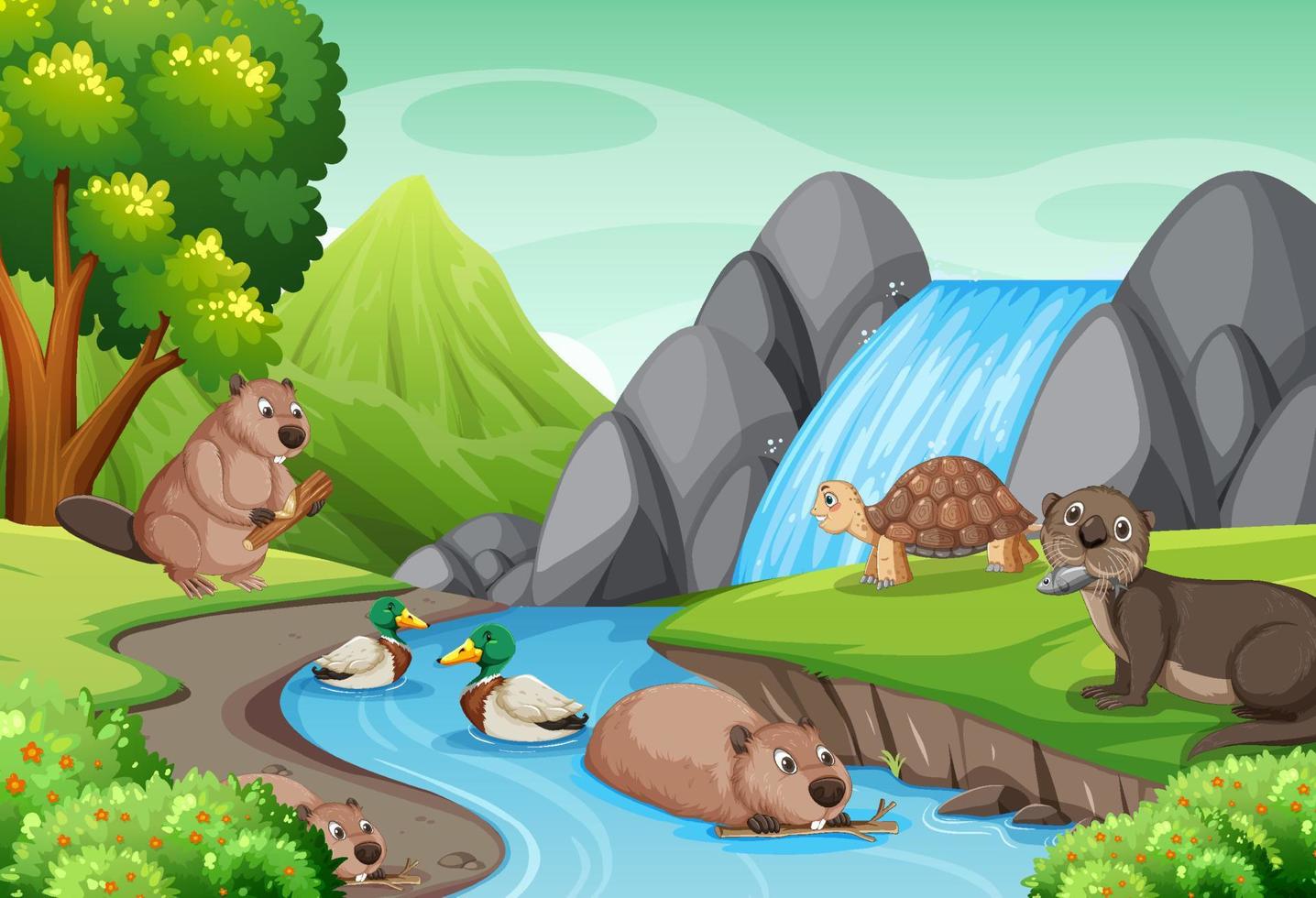 cascada en el bosque con animales salvajes vector