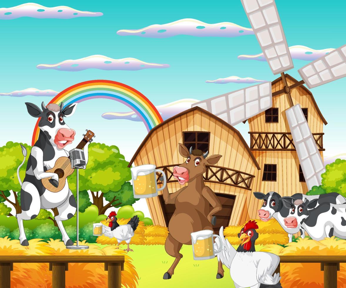 escena de granja de vacas al aire libre con animales felices vector