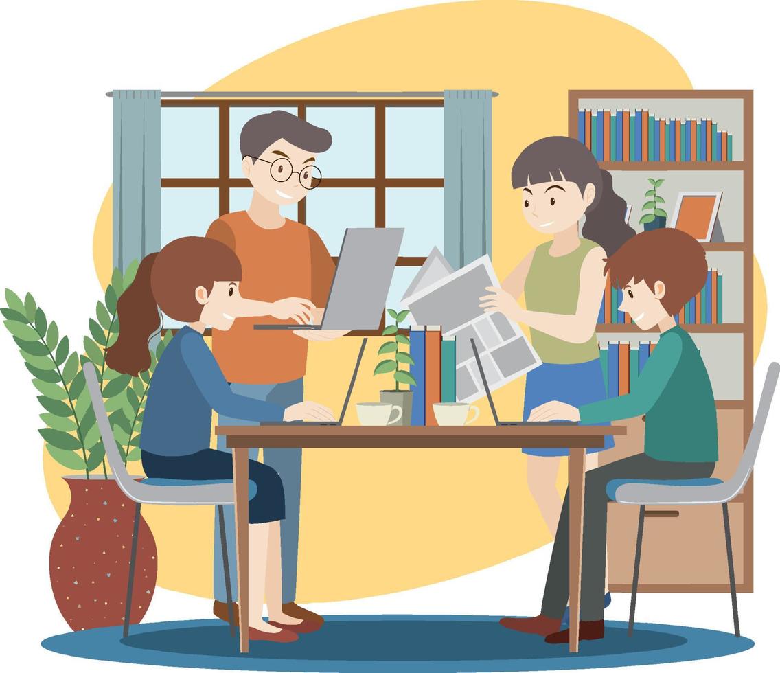People working on laptop at home vector