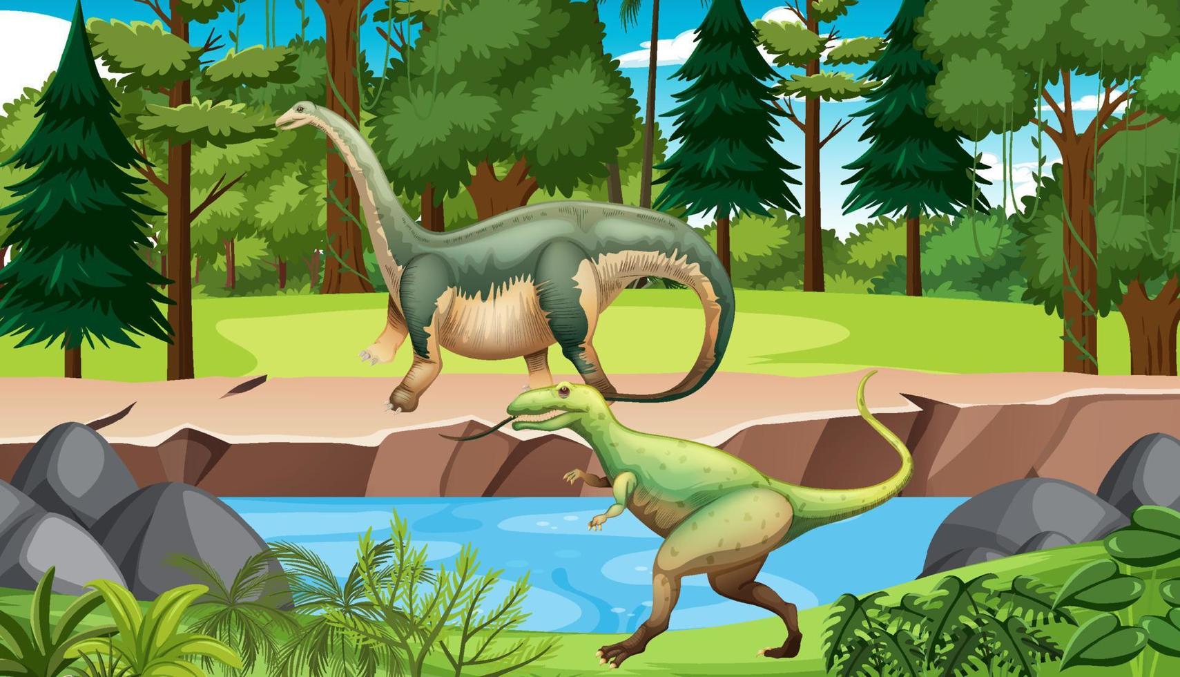 fondo de bosque prehistórico con dibujos animados de dinosaurios vector