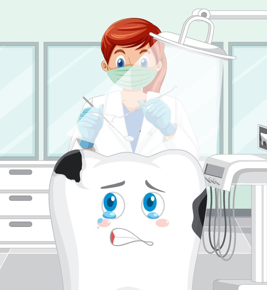 Dentist holding instruments and examining teeth decay in clinic vector