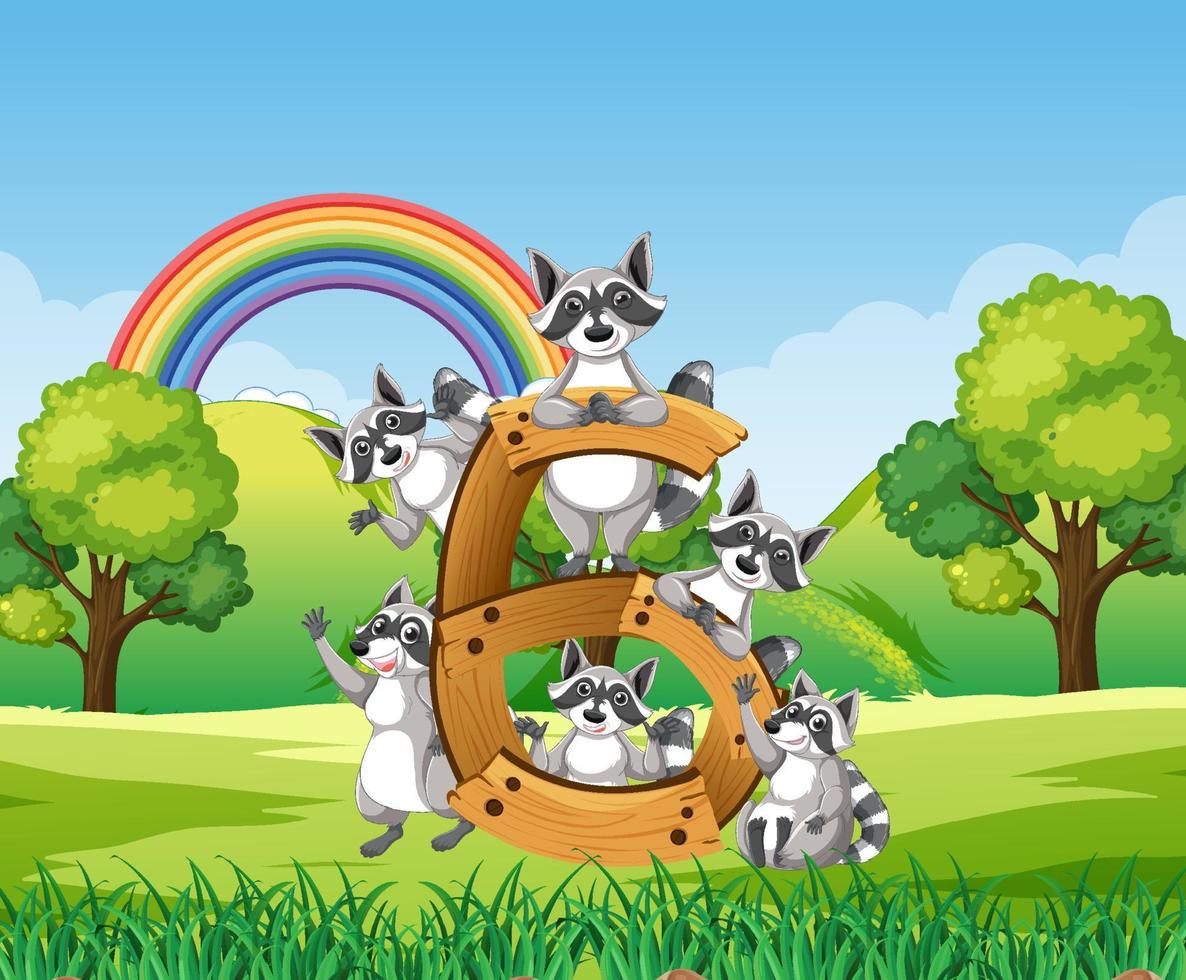 Six raccoons attached to number six vector