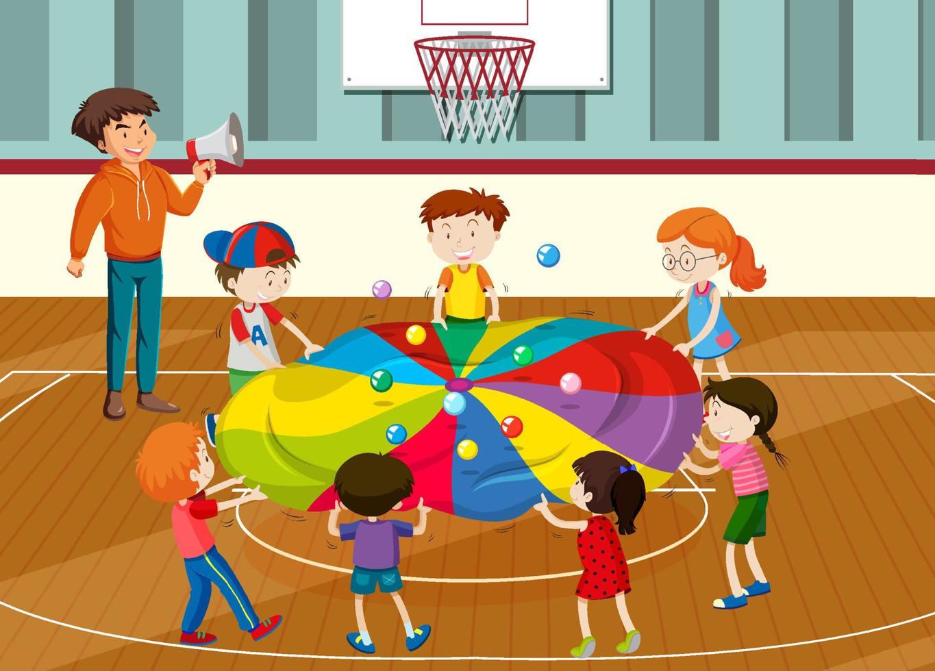 Kids doing physical activity with colourful balls vector