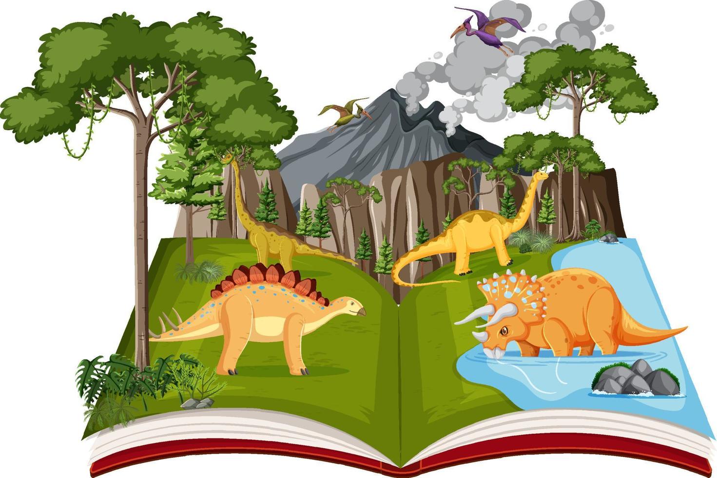 libro con escena de dinosaurios junto al río vector