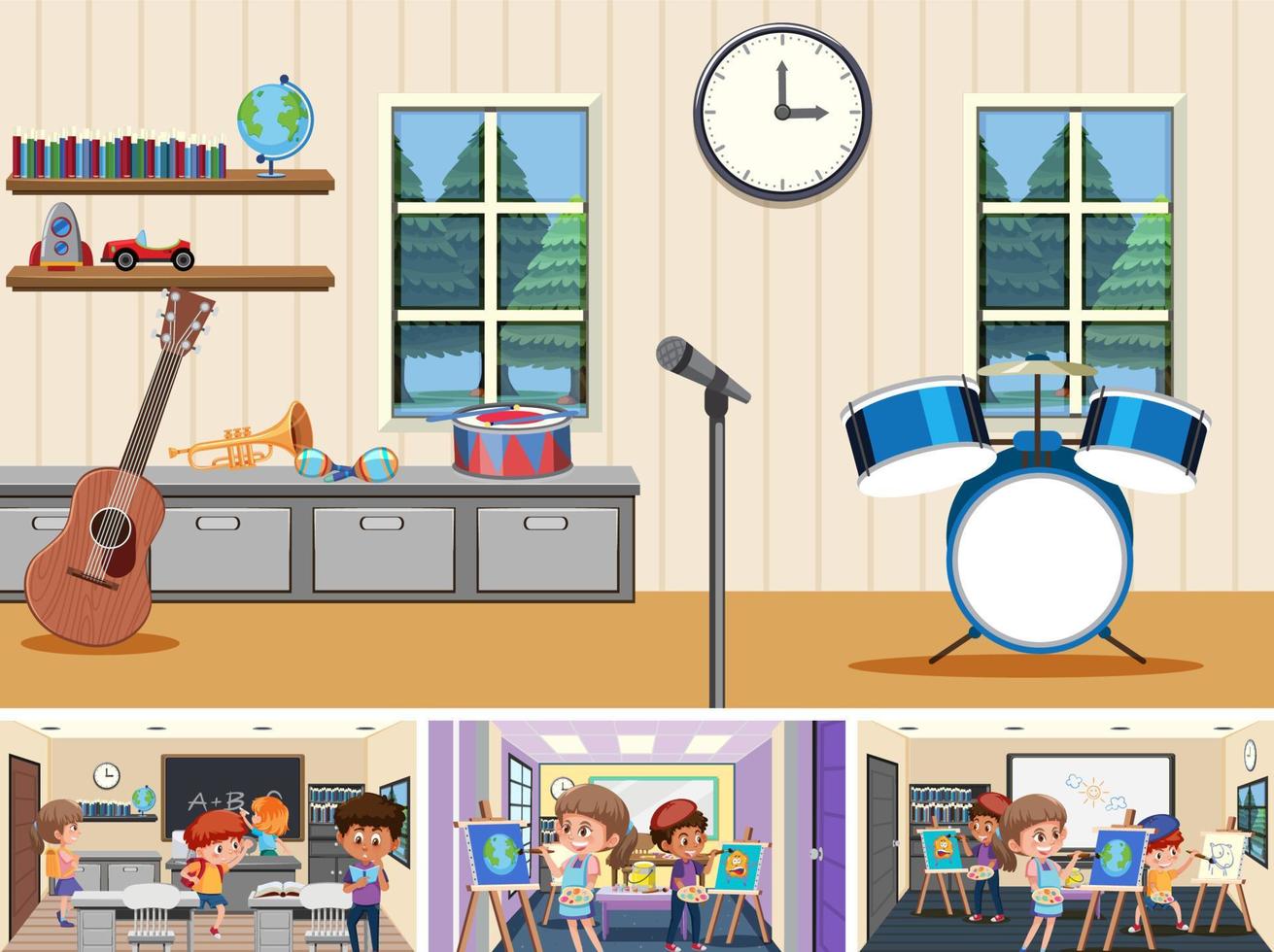 Set of student in the classroom scene vector