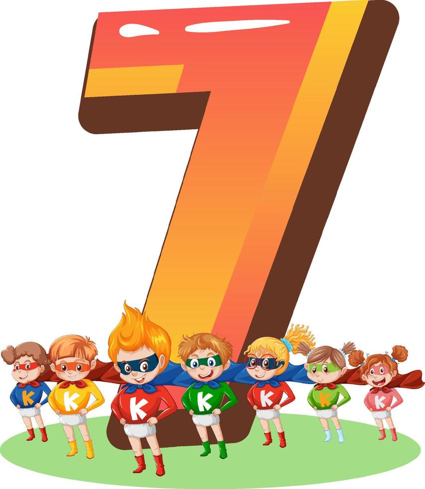 Seven kids with number seven cartoon vector