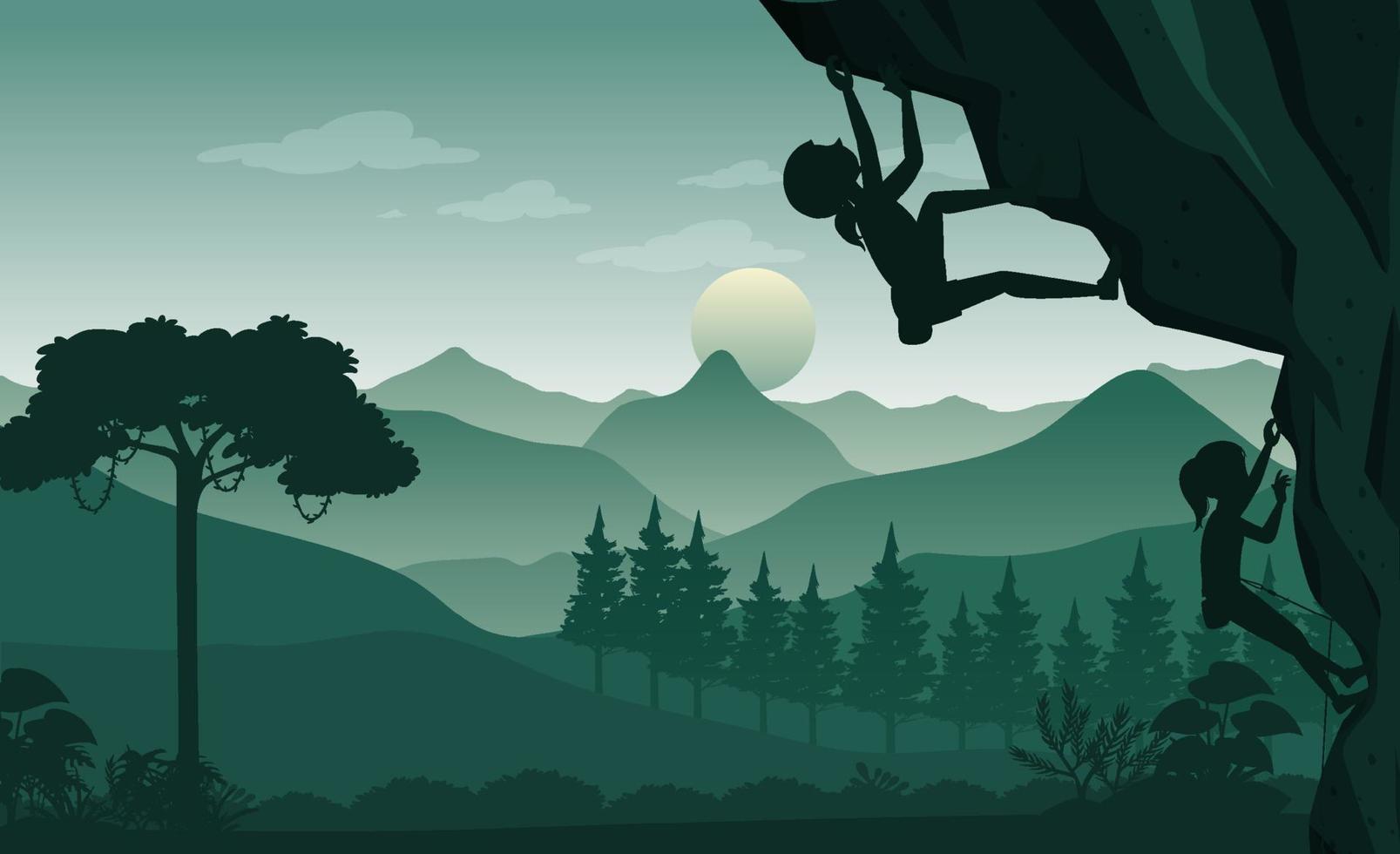 Flat silhouette rock climbing in nature background vector