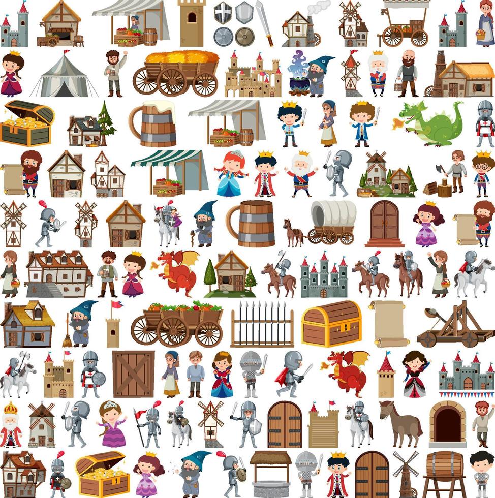 Medieval characters buildings set vector