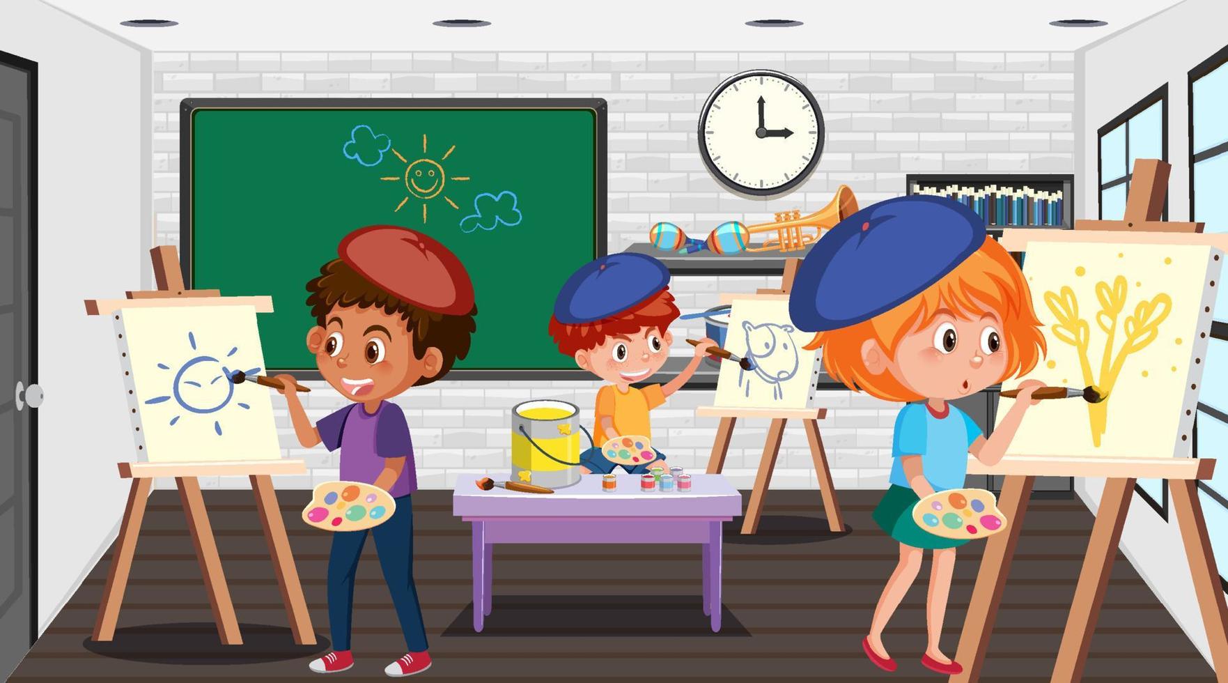 School art classroom with student kids vector