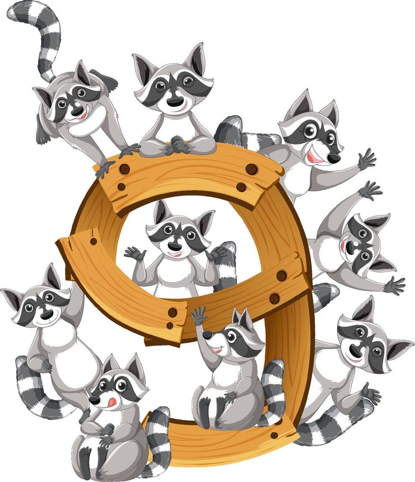 Nine raccoons attached to number nine vector