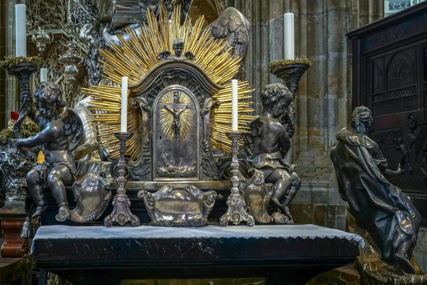 Prague, Czech Republic, 2014. Detail of the Silver Tomb of St John of Nepomuk in St Vitus Cathedral photo