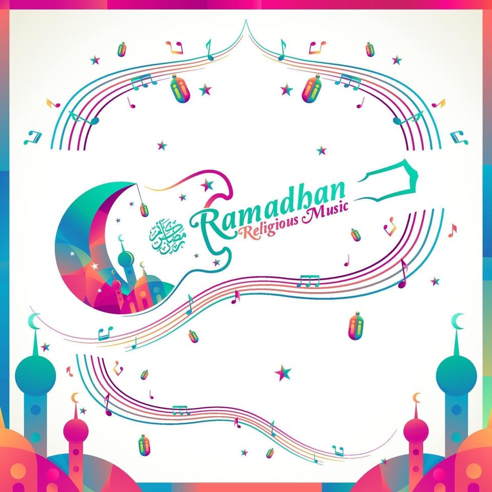 Ramadan religious music vector template with crescent moon and musical notes.