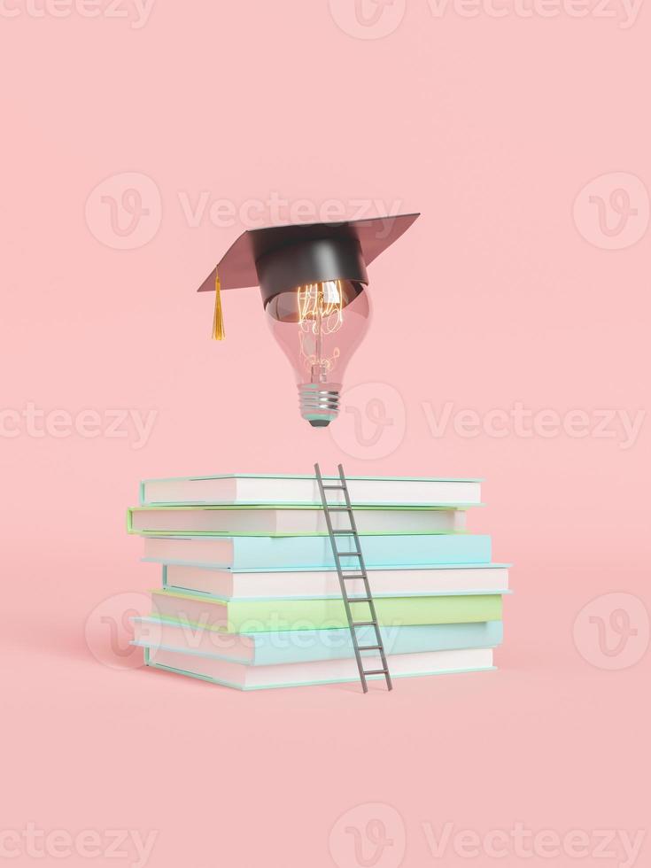 Books with ladder leading to light bulb in graduation cap photo
