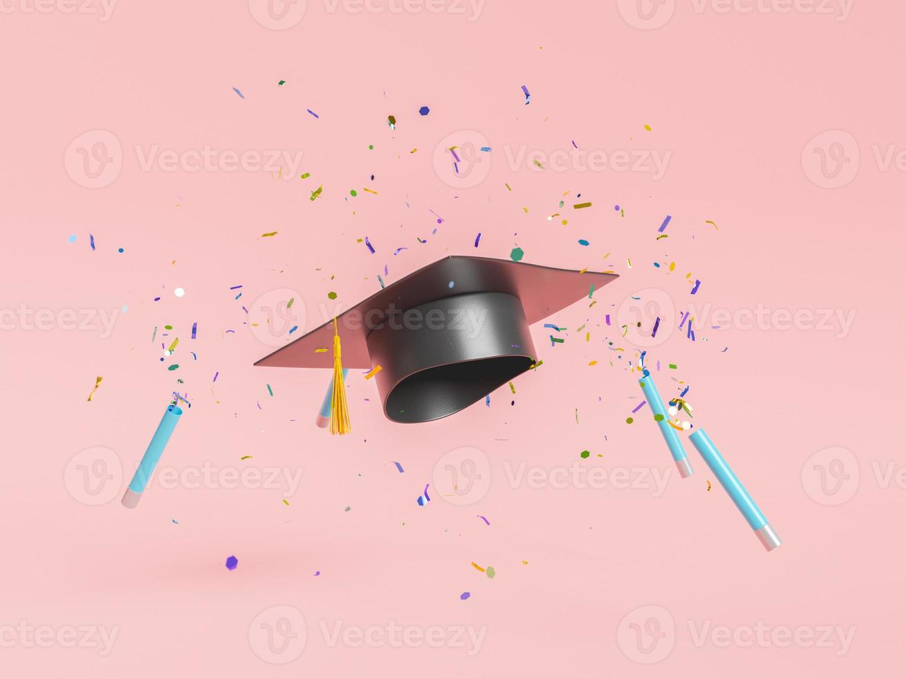 Graduation cap with colorful flying confetti on pink background photo