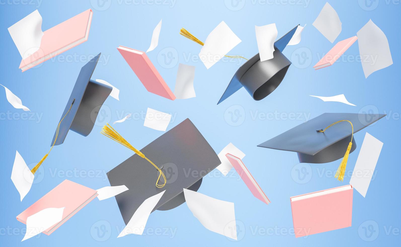 sombreros de graduación cayendo con libros y hojas de papel foto