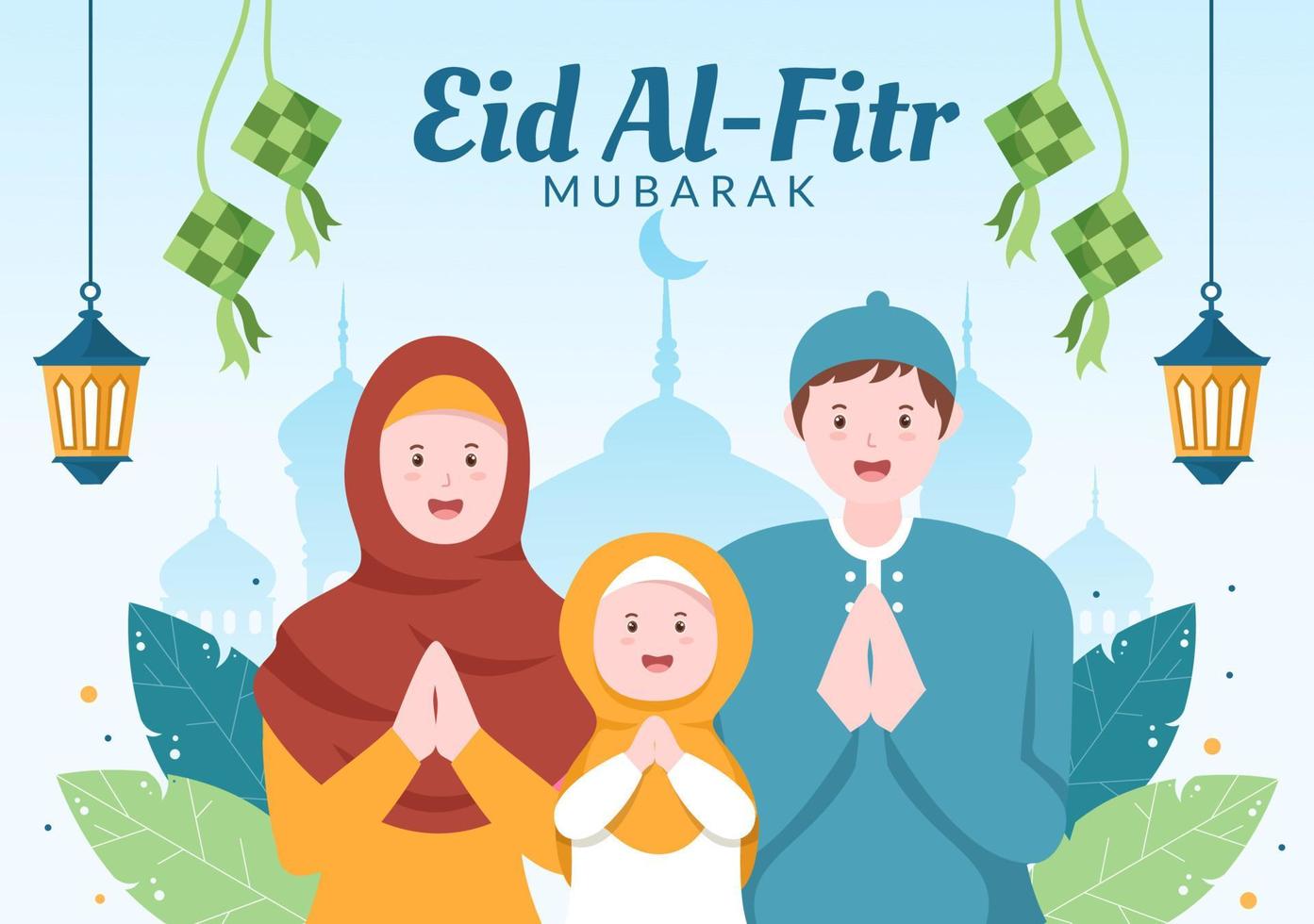 feliz eid ul-fitr mubarak ilustración de fondo. musulmanes celebrando con la mano dándose la mano, deseándose mutuamente y disculpándose en estilo plano vector