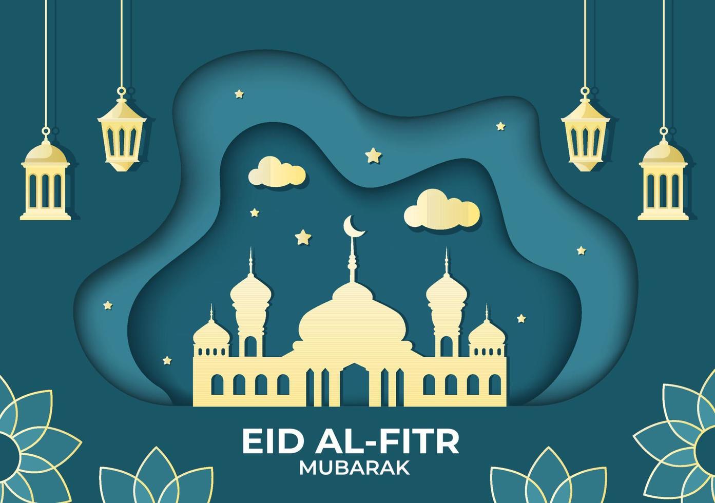 ilustración de fondo feliz eid ul-fitr mubarak con imágenes de mezquitas, luna, antenas y otros adecuados para carteles vector