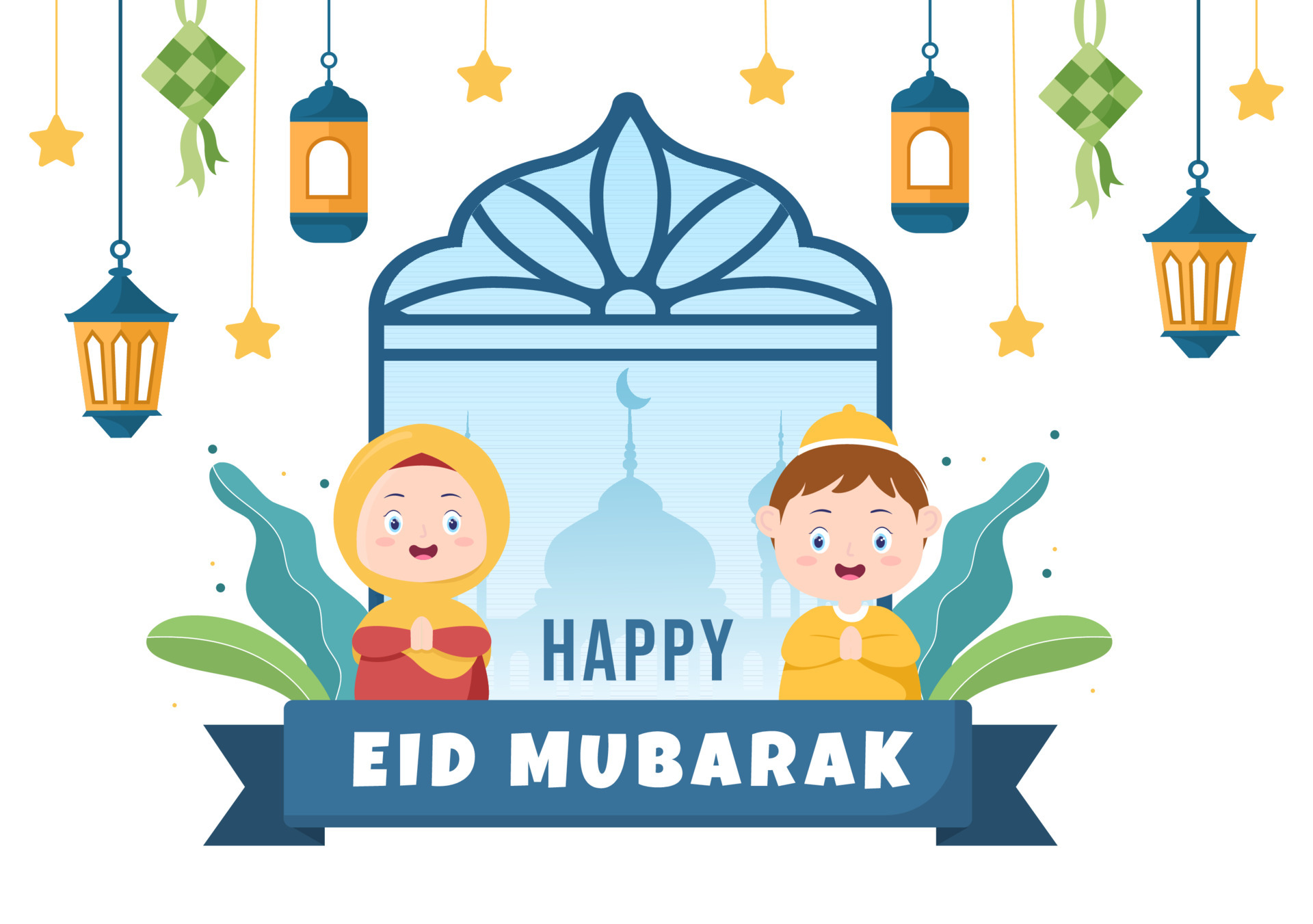 Happy Eid ulFitr Mubarak Background Illustration. Muslim People