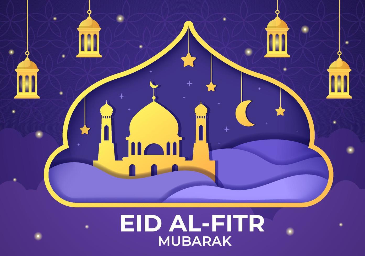 ilustración de fondo feliz eid ul-fitr mubarak con imágenes de mezquitas, luna, antenas y otros adecuados para carteles vector