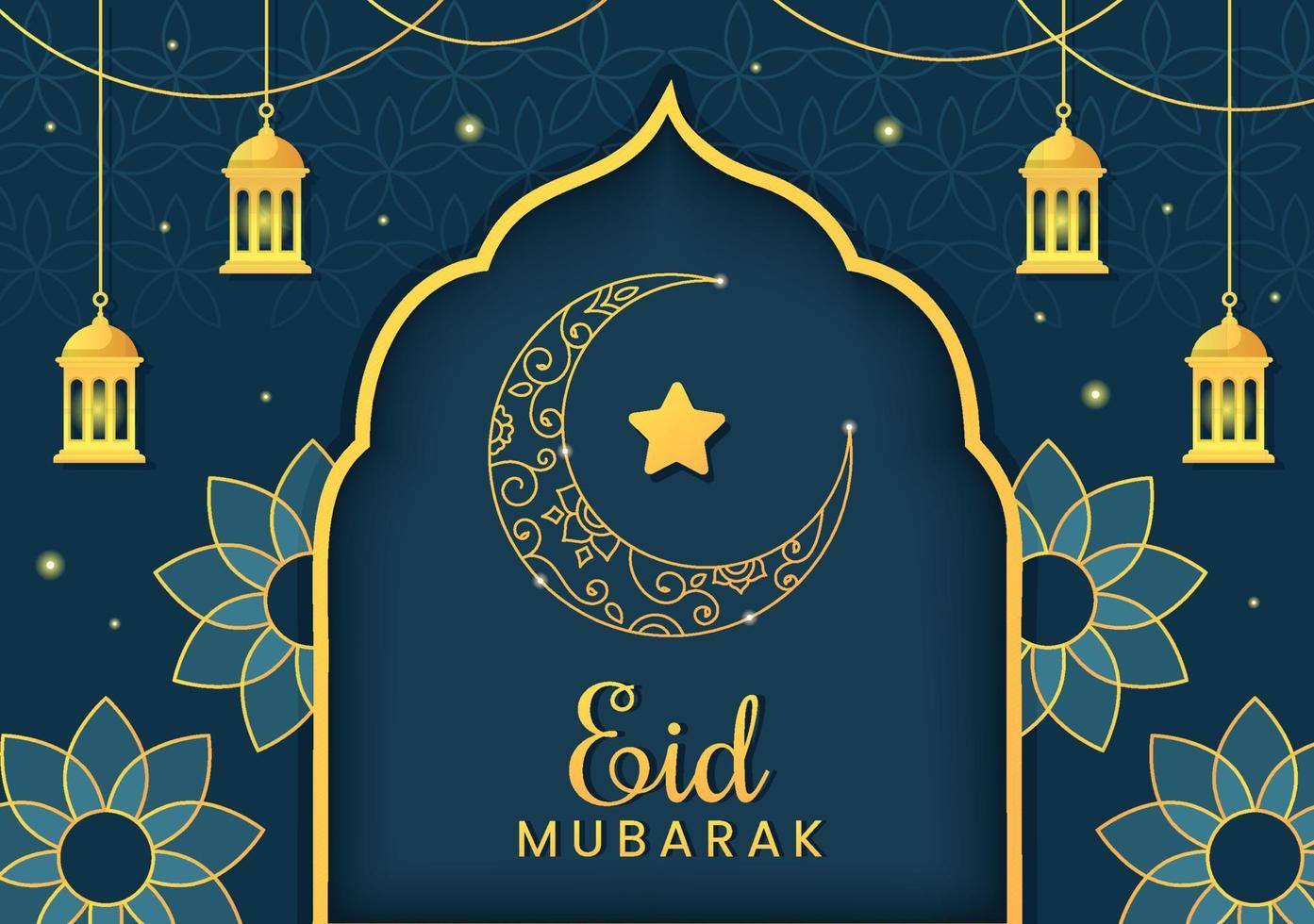 ilustración de fondo feliz eid ul-fitr mubarak con imágenes de mezquitas, luna, antenas y otros adecuados para carteles vector