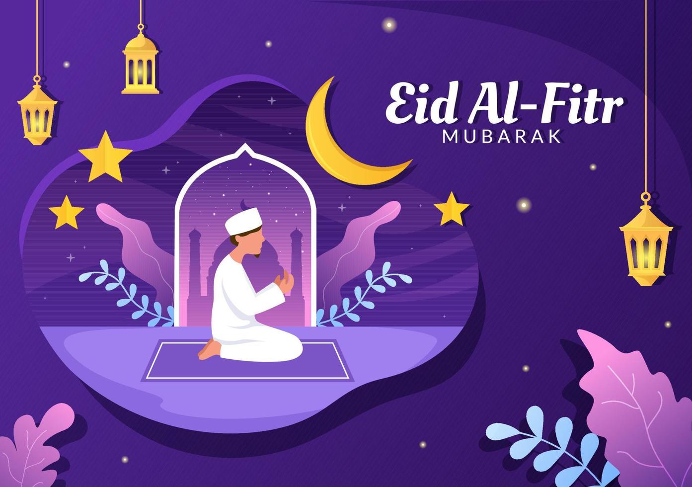 feliz eid ul-fitr mubarak ilustración de fondo. musulmanes rezando con ambas manos en estilo plano vector