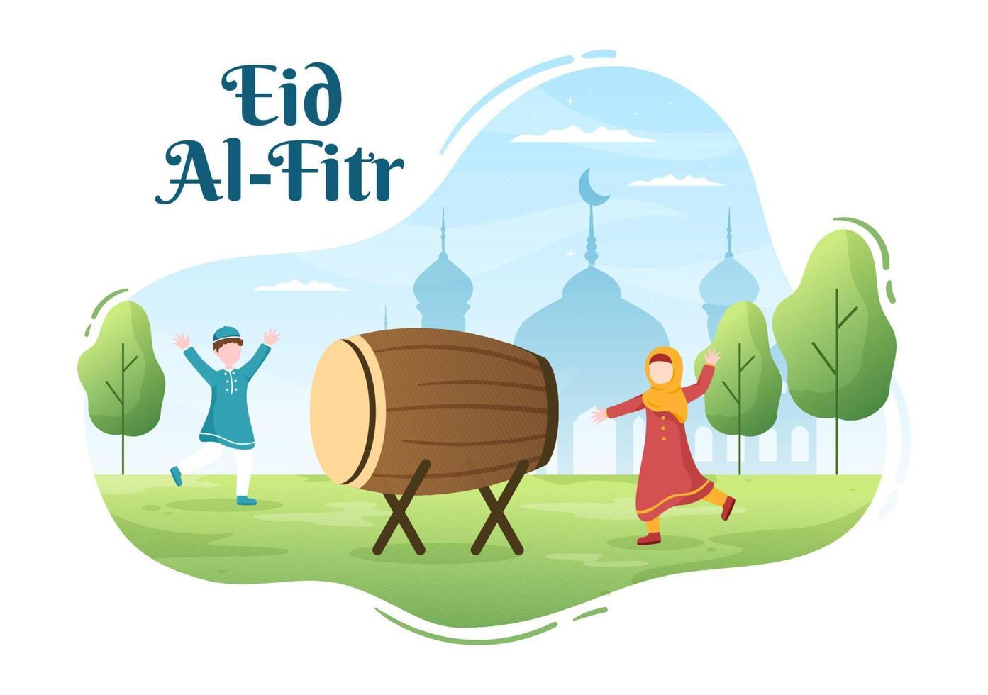 feliz eid ul-fitr mubarak ilustración. linda caricatura de niños jugando bedug o tambor para celebrar en un fondo de estilo plano vector