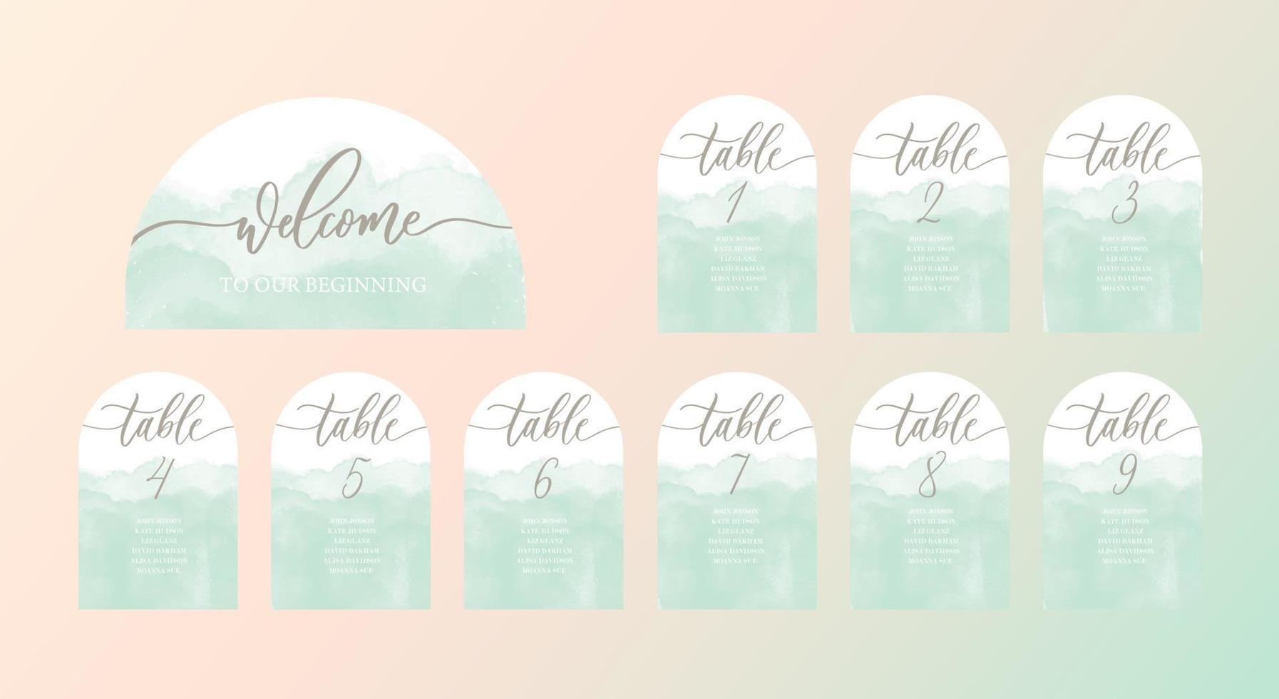 Wedding set of calligraphy guest seating card, template with number and elegant calligraphy. vector