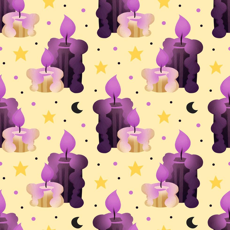 Ancient candles with light seamless pattern, background. Wizard, witch, fairy, fantasy. Knowledge, library, history. Packaging wrapping paper design. vector