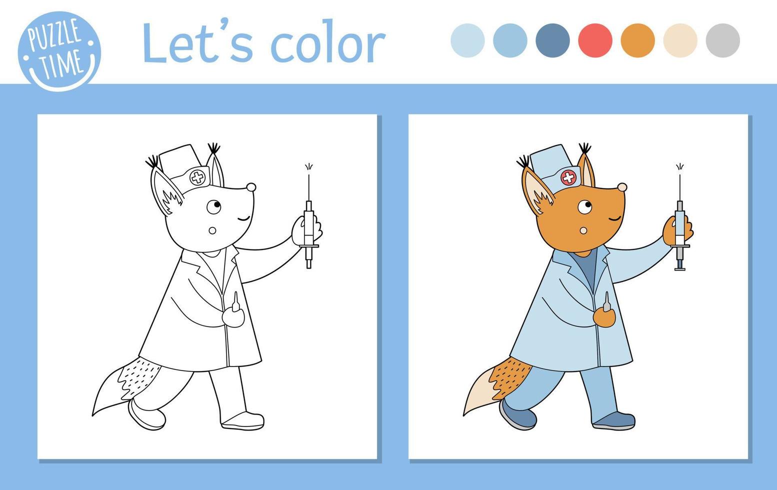 página médica para colorear para niños. médico de animales de contorno vectorial. linda ardilla enfermera divertida con jeringa. libro de color del hospital aislado sobre fondo blanco. vector