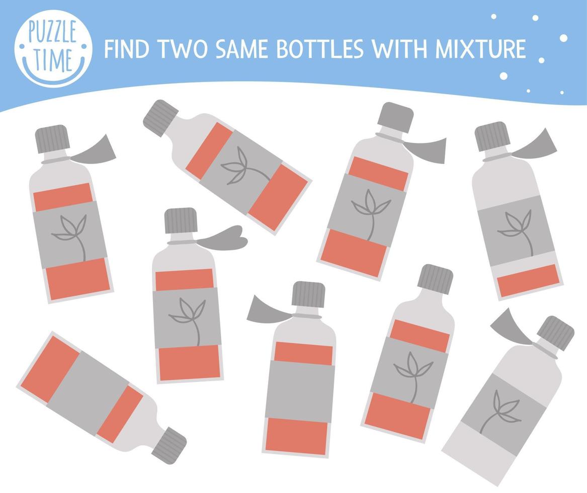 Find two same bottles with mixture. Medical or healthcare themed matching activity for preschool children with cute medicine. Funny health check game for kids. Logical quiz worksheet. vector