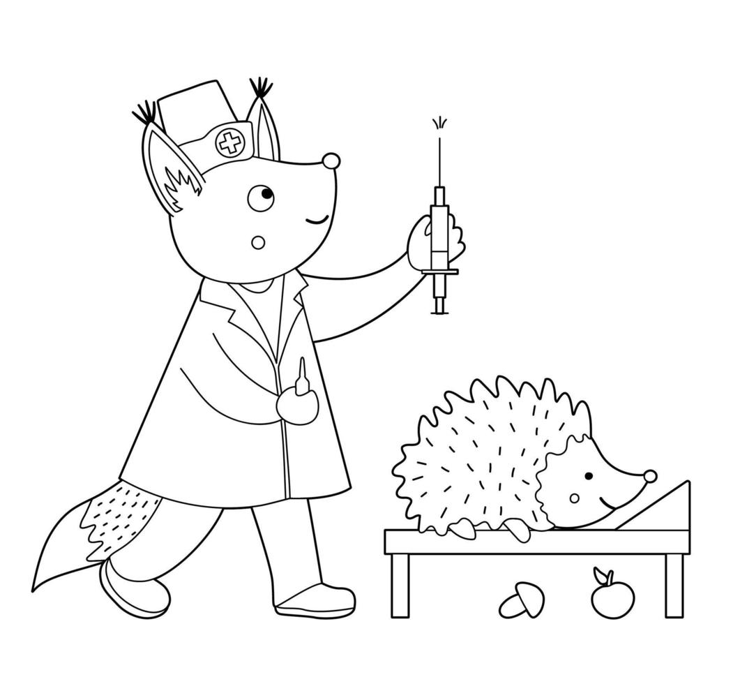 Vector outline animal nurse treating patient. Fox giving hedgehog an injection. Cute funny characters. Medicine coloring page for children. Hospital scene isolated on white background