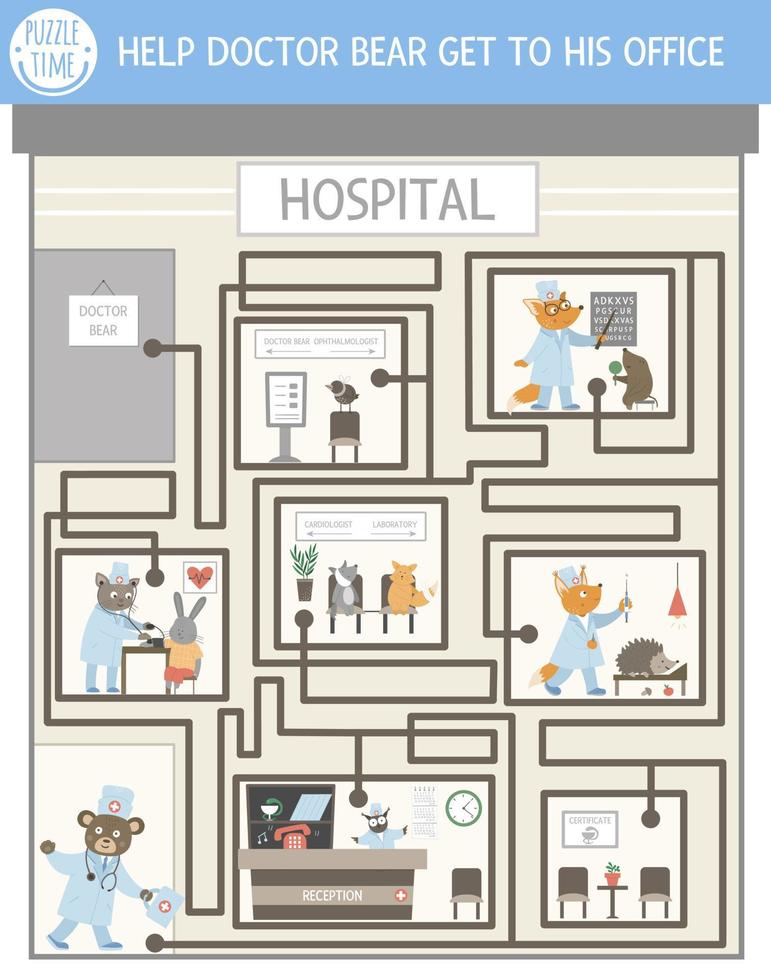 Medical adventure maze game for children with cute characters. Educational medicine labyrinth. Go through the hospital activity. Help doctor bear get to his office in a clinic. vector
