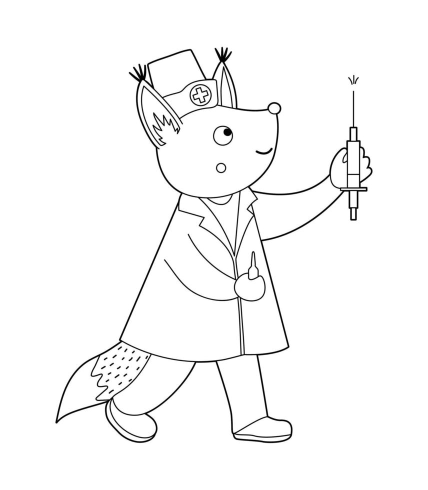Vector outline animal doctor. Cute funny nurse squirrel with syringe. Medical coloring page for children. Hospital illustration isolated on white background.