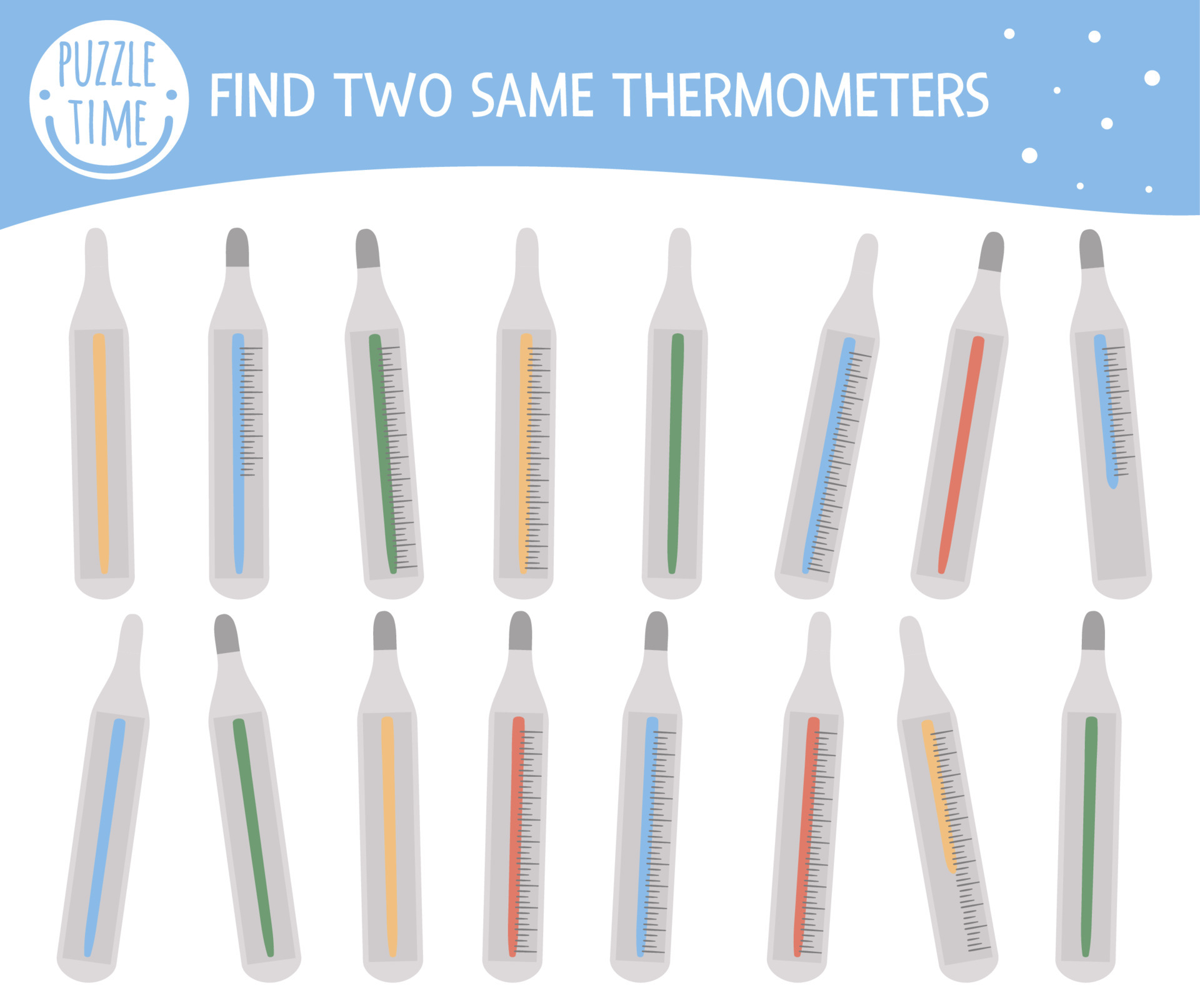 Find two same thermometers. Medical or healthcare themed matching
