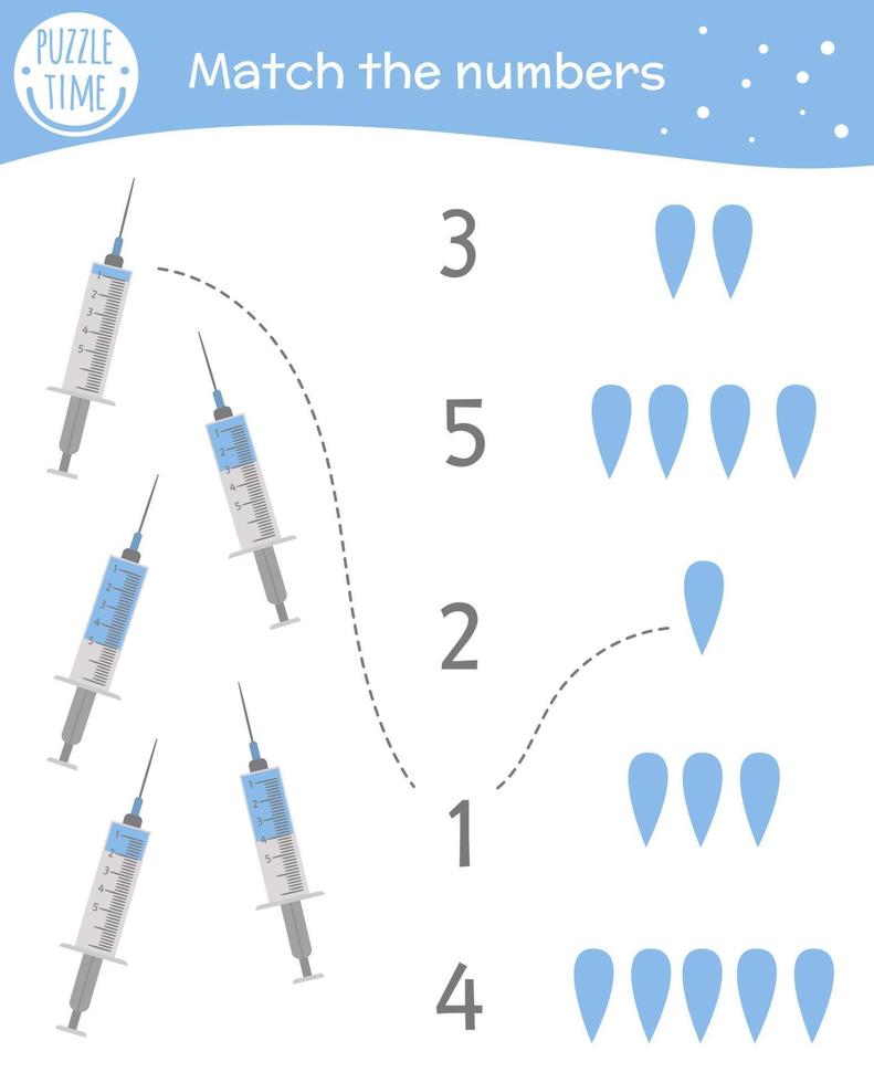 juego de combinación con jeringas y gotas. actividad de matemáticas médicas para niños en edad preescolar. hoja de trabajo de conteo de medicamentos. acertijo educativo con lindos elementos divertidos. vector