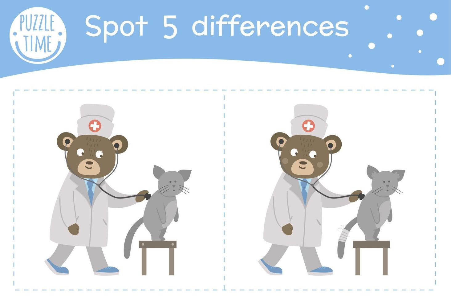 Medical find differences game for children. Medicine preschool activity with doctor examining patients lungs. Puzzle with cute funny smiling characters. vector