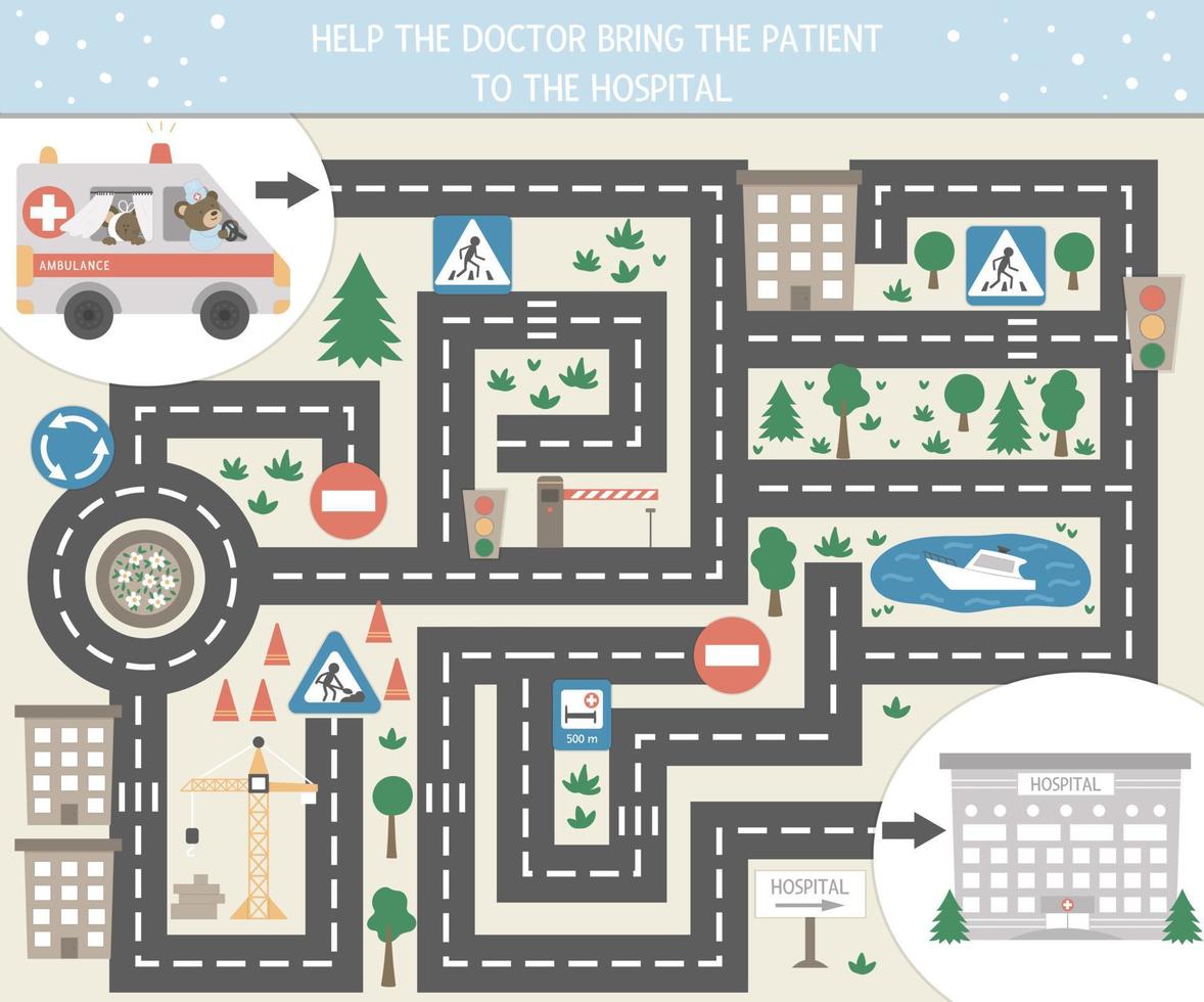 Medical maze for children. Preschool medicine activity. Funny puzzle game with cute emergency car and clinic. Help the ambulance get to the hospital. vector