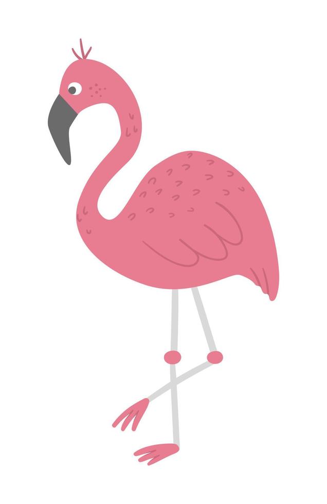 Vector cute funny pink flamingo isolated on white background. Funny tropical exotic bird illustration. Bright flat picture for children. Jungle summer clip art