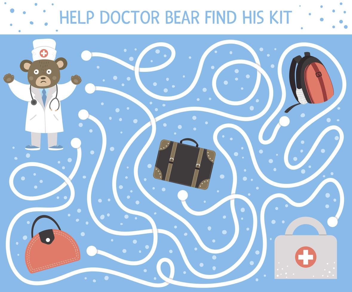 Medical maze for children. Preschool medicine activity. Funny puzzle game with cute doctor bear and lost first aid kit. Help the doctor find his bag. vector