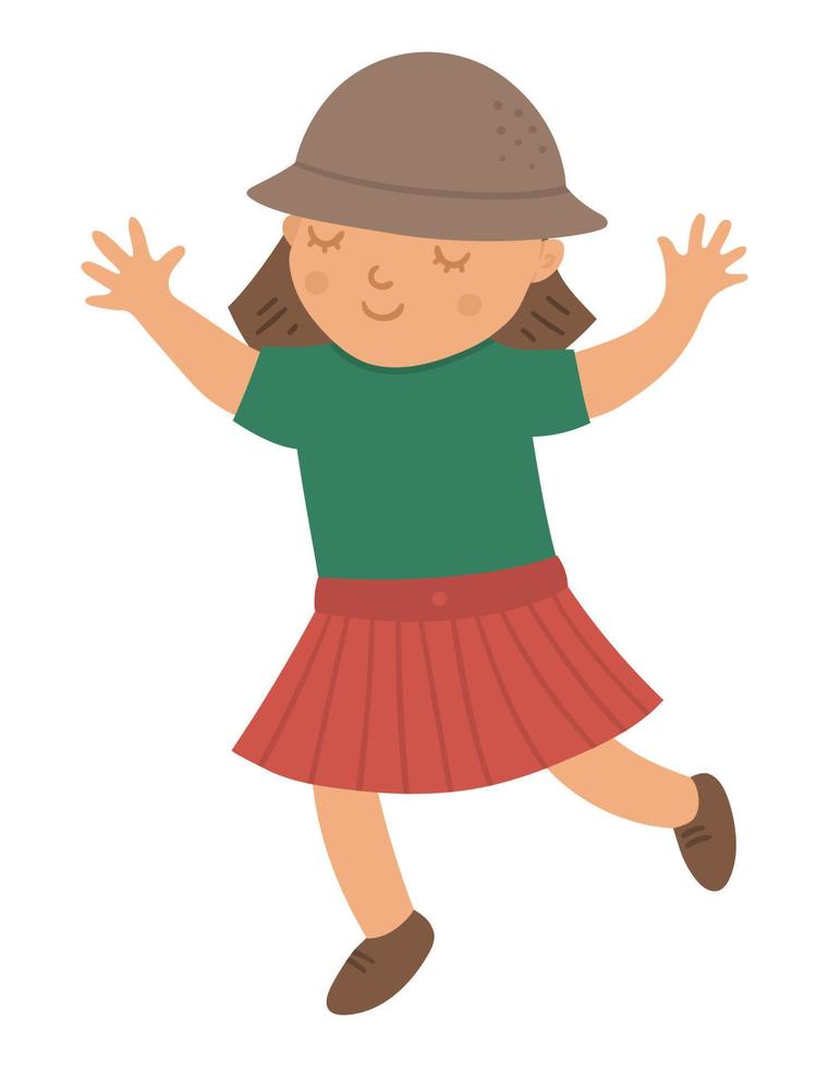 Vector flat girl in Safari hat. Cute tropical, jungle, exotic summer character. Funny kid isolated on white background
