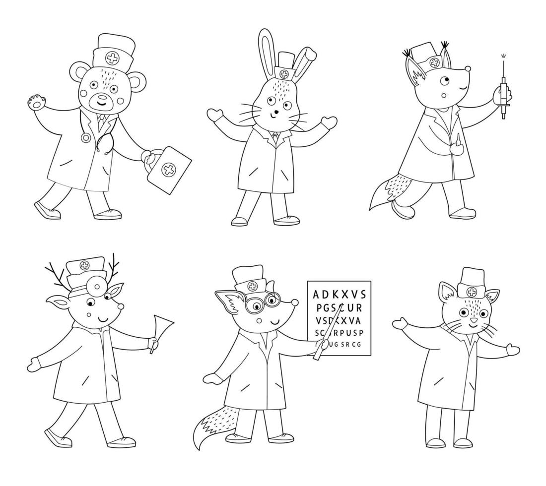 conjunto de médicos de animales de contorno vectorial. lindos personajes divertidos. página médica para colorear para niños. escenas de hospital aisladas sobre fondo blanco vector