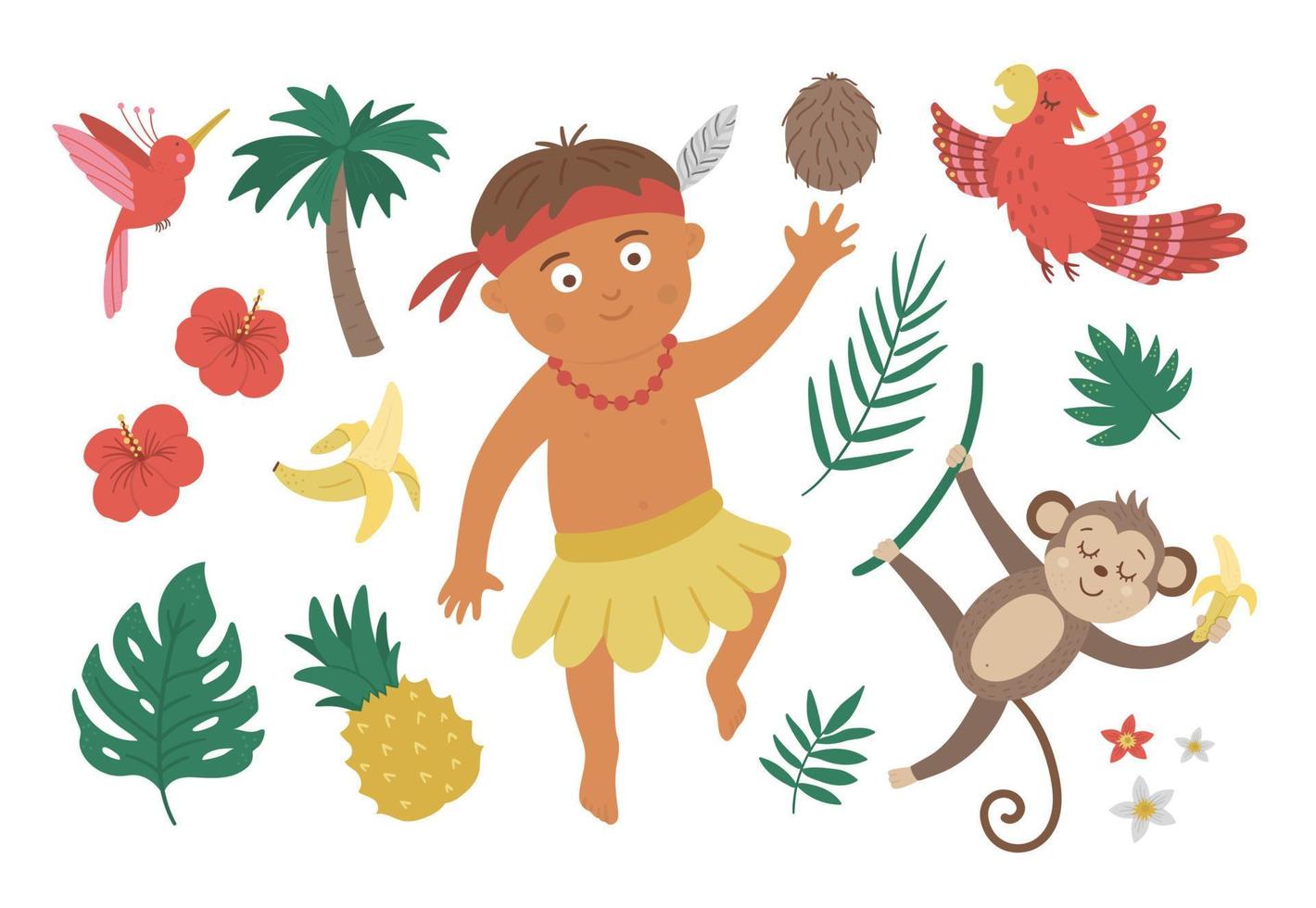 Vector flat African or Papuan boy with birds, flowers, fruits, monkey. Cute tropical, jungle, exotic set of elements. Funny summer clip art collection