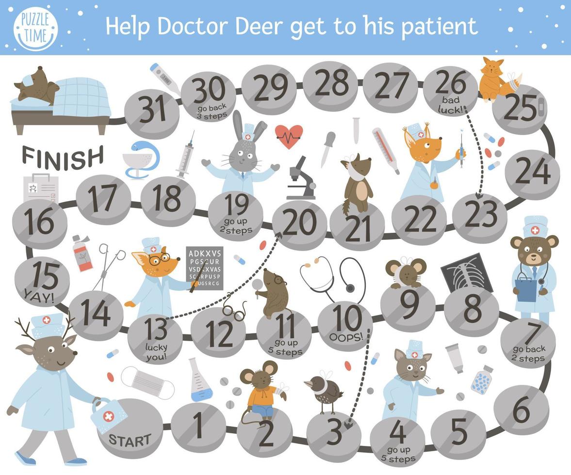 Medical adventure board game for children with cute characters. Educational medicine boardgame. Go through the hospital activity. Help doctor deer get to his patient. vector